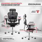 Ergohuman Eurotech ME7ERG GEN2 High Back Mesh Office Chair with Tilt Tension Control, Tilt Lock, Back Angle, Back Height, Synchro Tilt, Seat Height, Seat Depth, and Arm Height Adjustments, Black