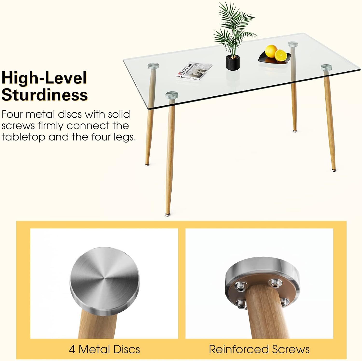 COSTWAY 51 Inch Glass Dining Table, Modern Rectangle Kitchen Table w/Wood-Like Steel Legs & Spacious Tabletop, Dining Room Table for Home, Office, Study