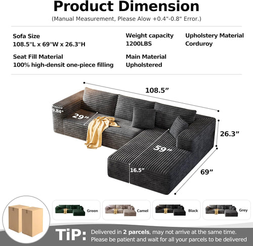 108.2" Modular Sectional Sofa with Deep Seat, Boneless L Shaped Corduroy Couch Modern Comfort, Cloud Couch Oversized for Living Room No Assembly (Right Facing Chaise,Gray)