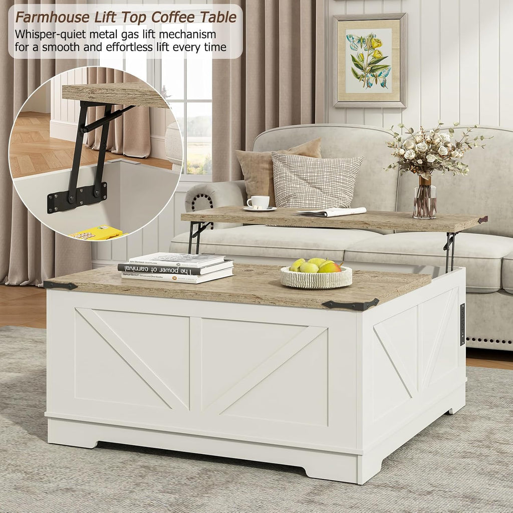 EAG 40" Large Farmhouse Lift Top Coffee Table with Hidden Compartment & Power Outlets, Square Wooden Coffee Table with Multi-Function Flip-Top Ample Storage Center Table for Living Room, White
