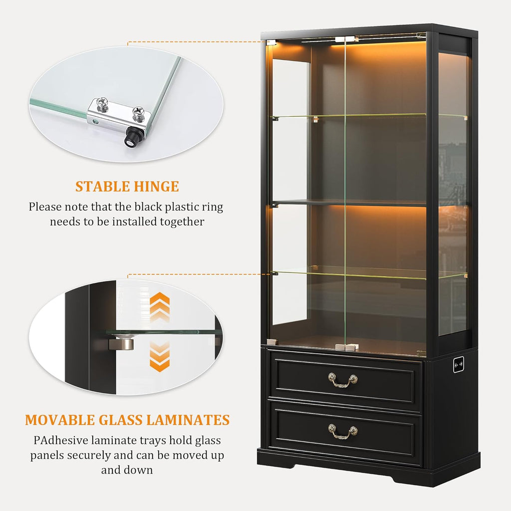 FREDEES Display Cabinet with Glass Doors,67" Adjustable Display Shelf with 2 Drawers and 4 Tier Curio Cabinet,Tall Bookcase with 3 Color Lights and Human Body Sensor for Toys,Books（Black）