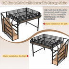 Bellemave Full Loft Beds with Storage Beside Shelves and Wardrobe, Metal Loft Bed with LED Lights and USB Ports, Heavy-Duty Loft Bed Frame for Teens, Adults, Noise-Free & Space-Saving, Black+Natural