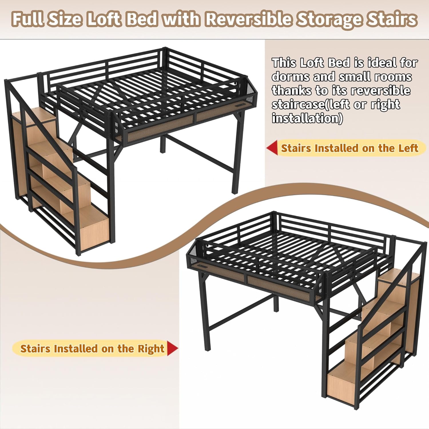 Bellemave Full Loft Beds with Storage Beside Shelves and Wardrobe, Metal Loft Bed with LED Lights and USB Ports, Heavy-Duty Loft Bed Frame for Teens, Adults, Noise-Free & Space-Saving, Black+Natural