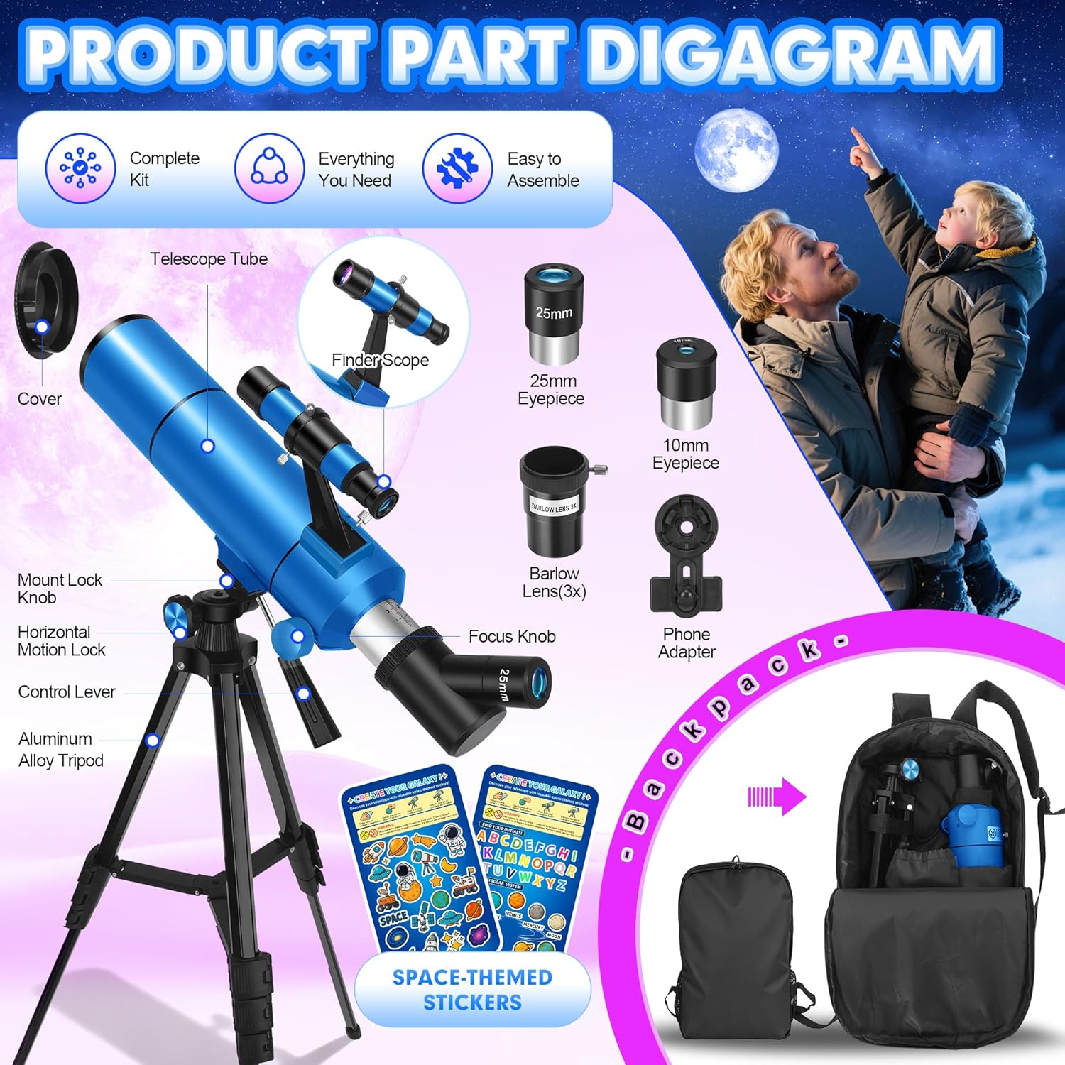 Telescope for Adults & Kids, 80mm Aperture 500mm (20X-150X) Professional Refractor Telescope for Astronomy Beginners, Portable Travel Telescopes with Tripod Phone Adapter, Stickers, Backpack