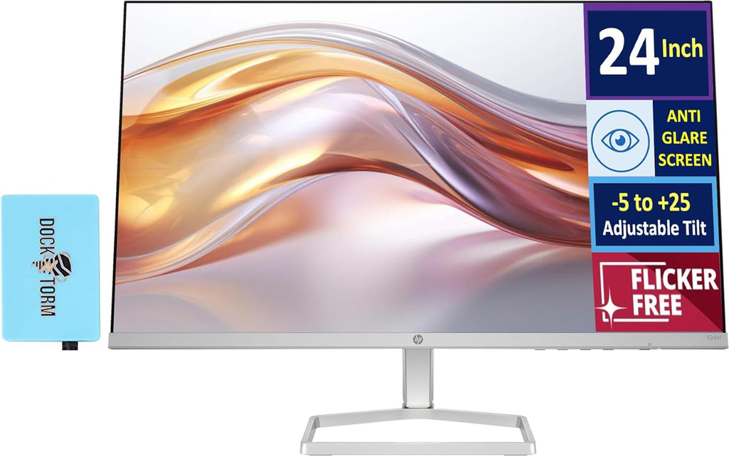 HP Series 5 524sf Monitor (Replaces M24f) 24" IPS FHD 300 Nits Display  -5 to +25 Degrees Adjustable Tilt  Flicker Free  Anti-Glare  1x HDMI  1x VGA  Black/Silver with Dockztorm HUB USB Port Expander