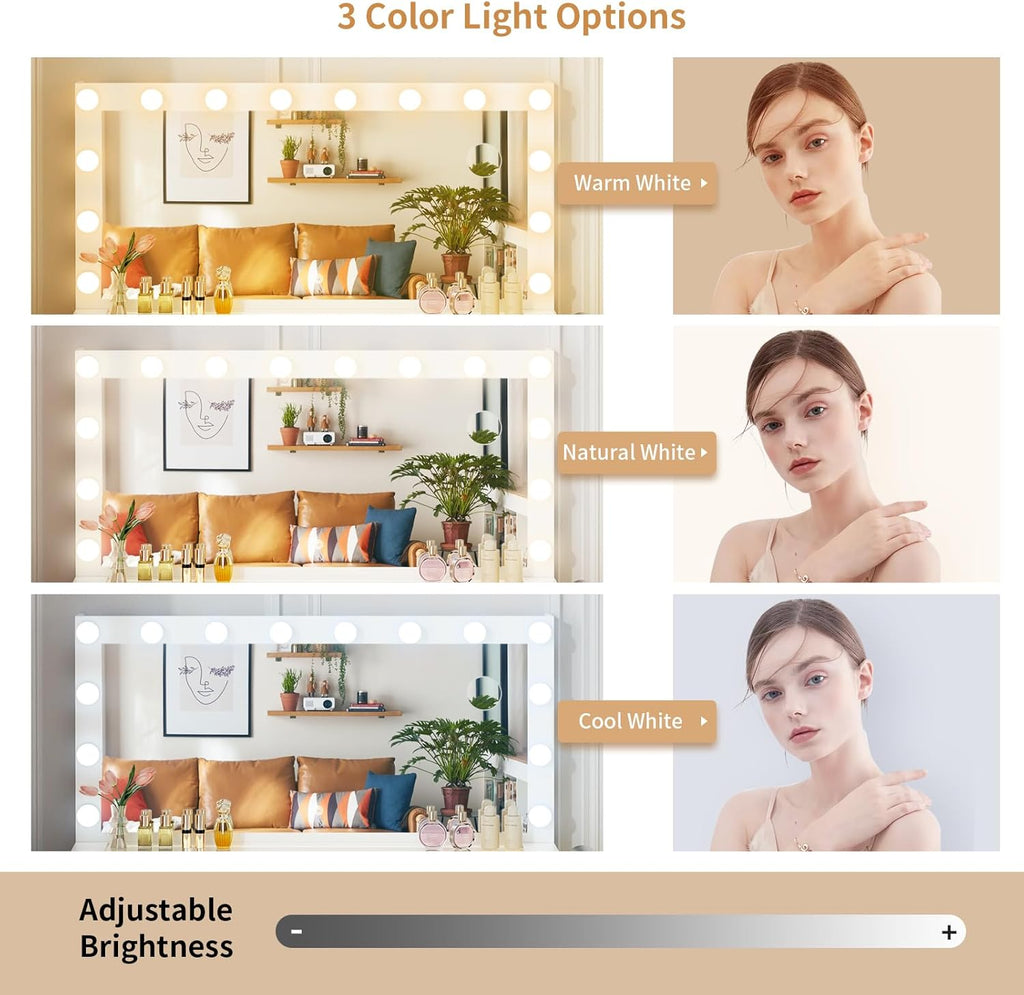 VOWNER Vanity with Lighted Mirror - Makeup Vanity Desk with Glass Top and 11 Drawers, 3 Color Lighting Modes Adjustable Brightness, 46" Vanity Table with Soft Cushioned Stool for Bedroom, White