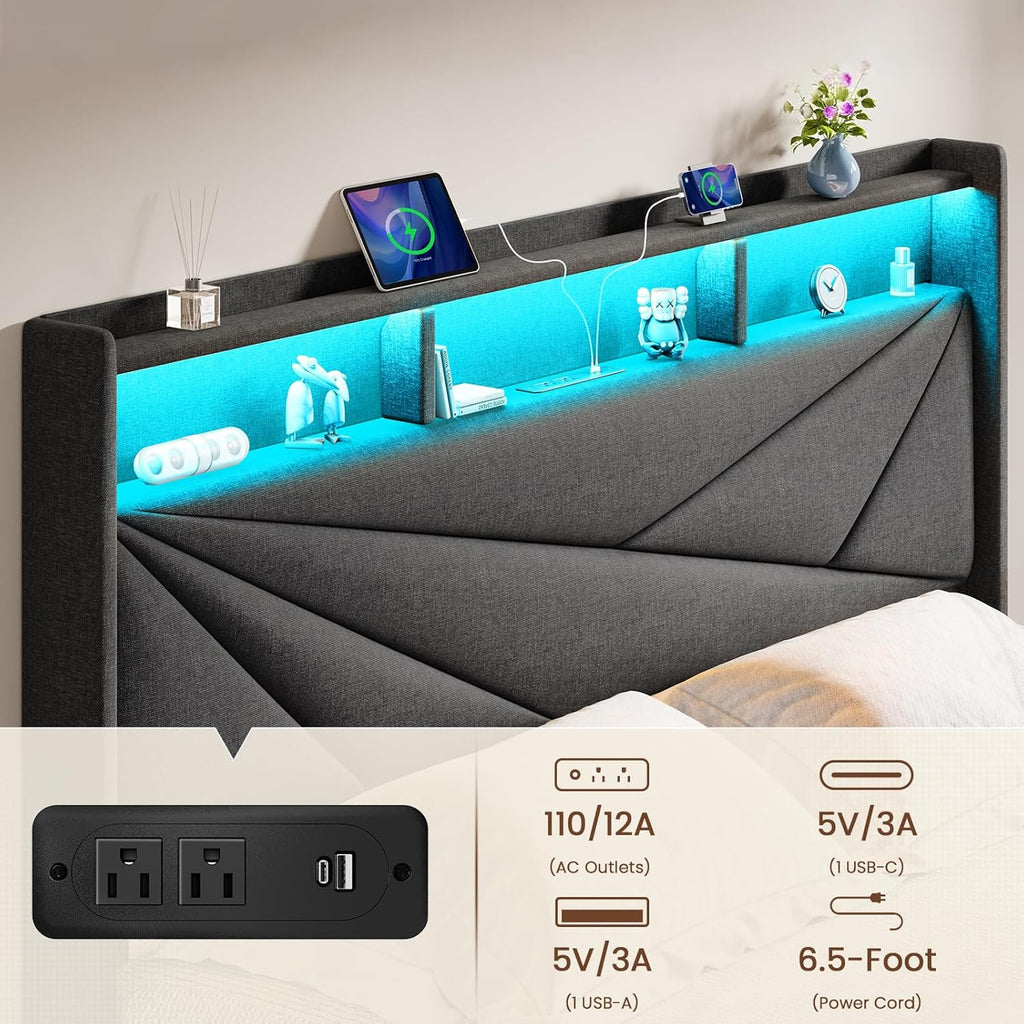 King Size Bed Frame with 2-Tier Storage Headboard, Upholstered King Bed Frame with 2 Drawers, Charging Station and LED Lights, No Box Spring Needed, Easy Assembly - Dark Grey