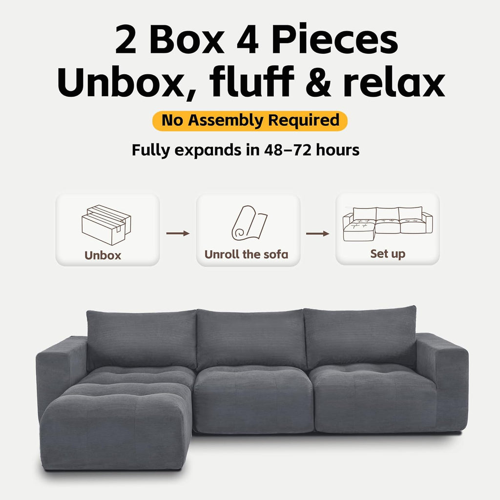 MCombo 121" Modular Sofa Couch, No Assembly Required, L Shaped Compressed Sectional Sofa with Ottoman, Deep Seat Upholstered Boneless Couch for Living Room, SS378 (Dark Grey)