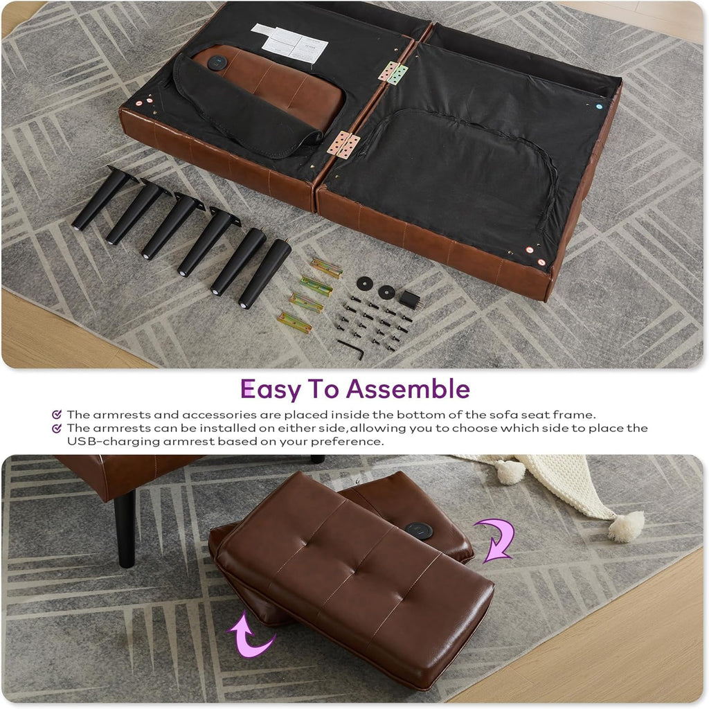 TYBOATLE 65“ Convertible Futon Sofa Bed w/ 2 USB,Tufted Small Adjustable Folding Couch Loveseat, Modern Mid Century Faux Leather Sleeper Sofa for Living Room, Bedroom,Office, Brown