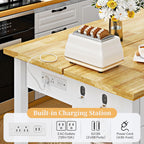 Kitchen Island with Storage and Seating Include 2 Bar Stools, 47" Solid Rubberwood Top Kitchen Island with Trash Can Storage, Power Outlet, 2 Drawers & Open Shelves Cabinet, Dining Table for 2, White