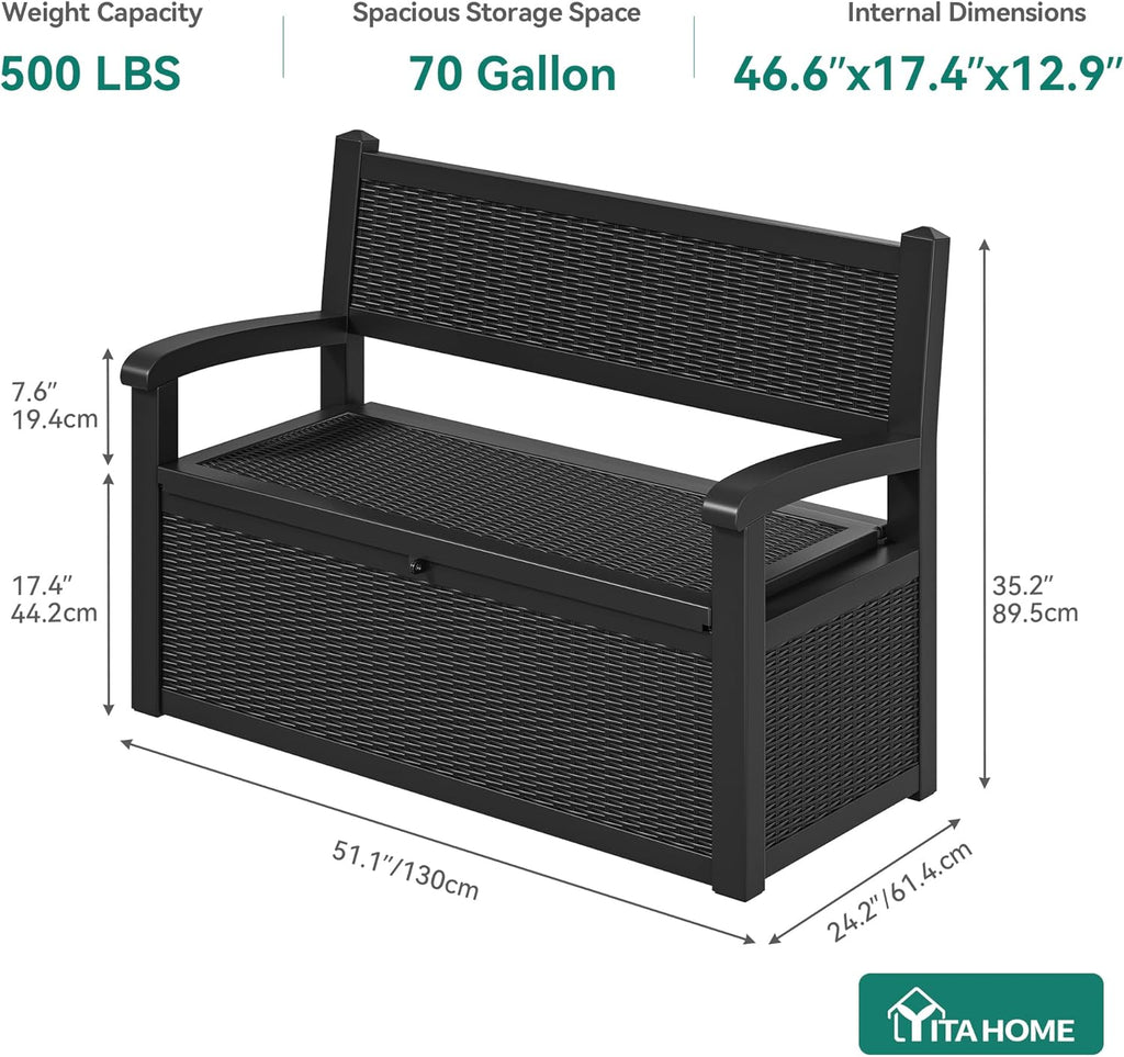 YITAHOME 70 Gallon Deck Bench with Storage  Outdoor Storage Box Bench with Armrests for Patio Garden Pool Porch  Waterproof&Lockable  Black