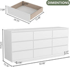9 Drawer Dresser with Power Outlet, Floating White Dresser Chest of Drawer with LED Light,Modern Double Wide Drawer Organizer Cabinet for Bedroom,Living Room (9 Drawer-White)