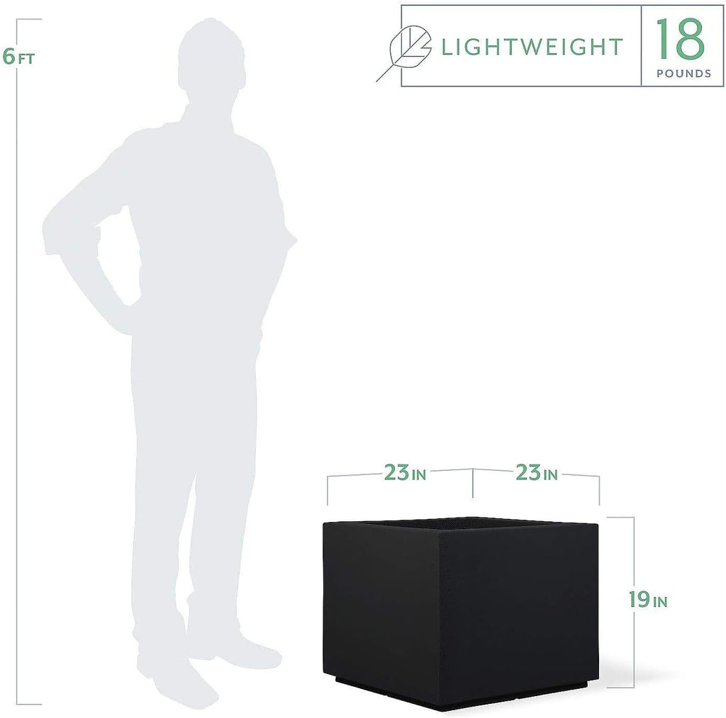 PolyStone Monterray Square Outdoor Planter  23" L x 23" W x 19" H – Lightweight Modern Garden & Patio Planter  Weather Resistant Indoor/Outdoor Décor  Black