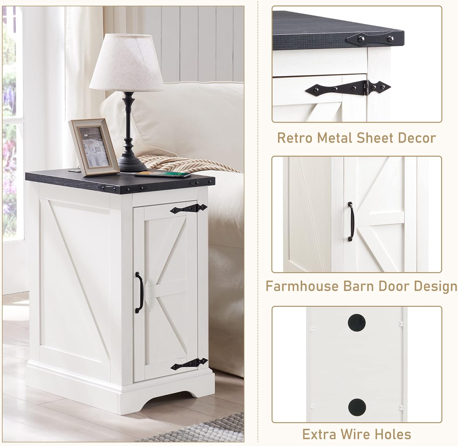 JXQTLINGMU 3-Piece Farmhouse Coffee Table and End Table Sets, Includeds 36" Lift Top Square Coffee Table w/Storage & 2 Rustic Wood End Tables w/Charging Station & Barn Doors for Living Room(White)