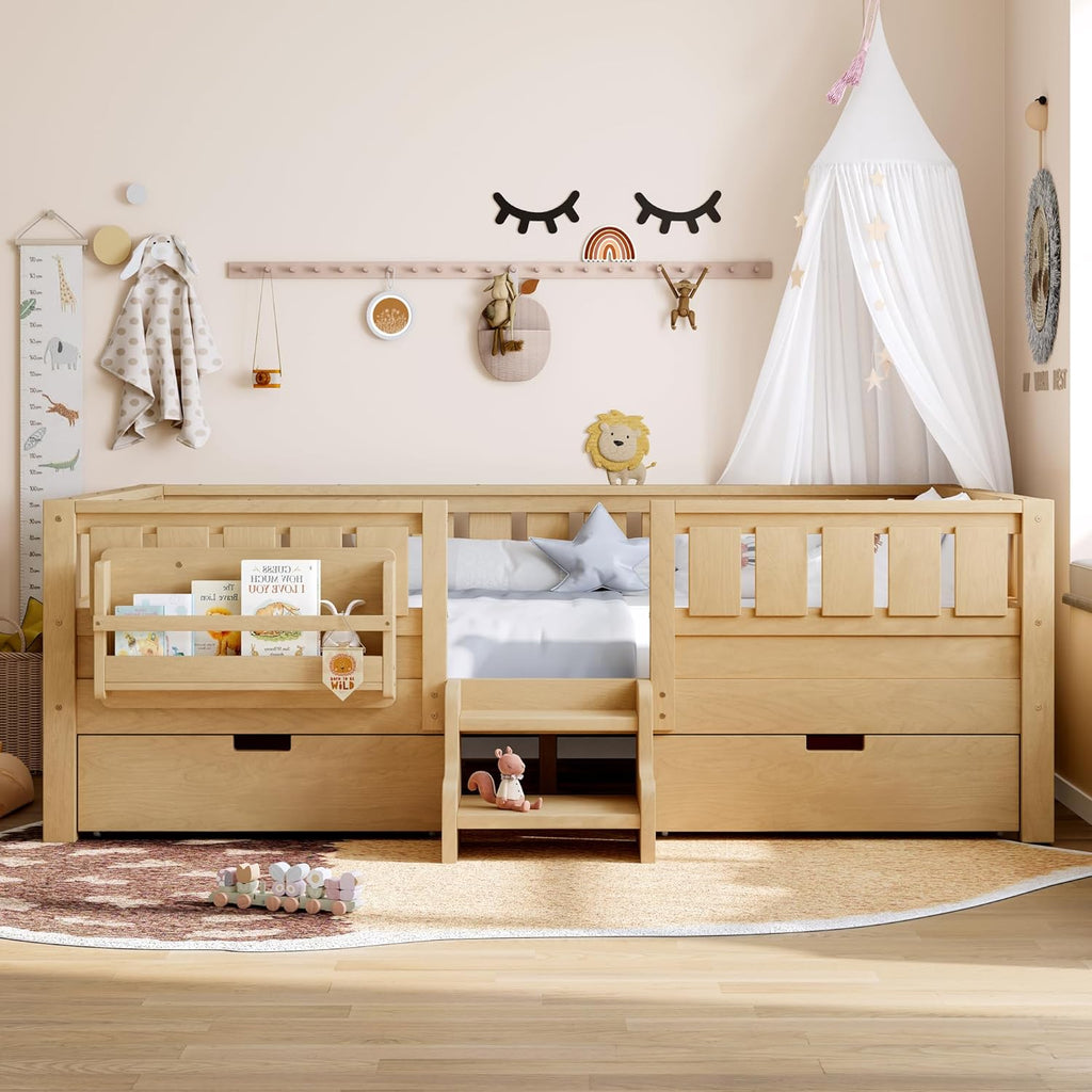 Bellemave Full Size Bed with Slats and Stairs, Full Size Platform Bed Frame with Fence, Bookshelf and Storage Drawers, Easy Assemble Beds for Girls, Boys, Light Natural