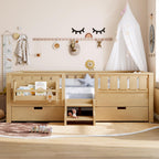 Bellemave Full Size Bed with Slats and Stairs, Full Size Platform Bed Frame with Fence, Bookshelf and Storage Drawers, Easy Assemble Beds for Girls, Boys, Light Natural