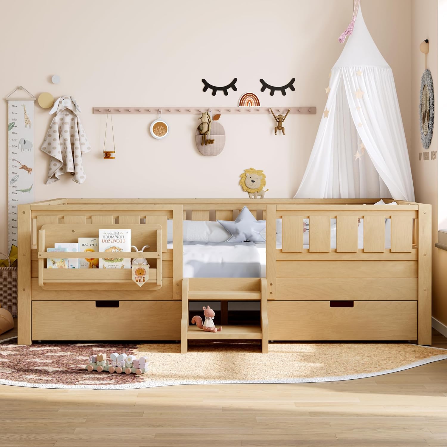 Bellemave Full Size Bed with Slats and Stairs, Full Size Platform Bed Frame with Fence, Bookshelf and Storage Drawers, Easy Assemble Beds for Girls, Boys, Light Natural