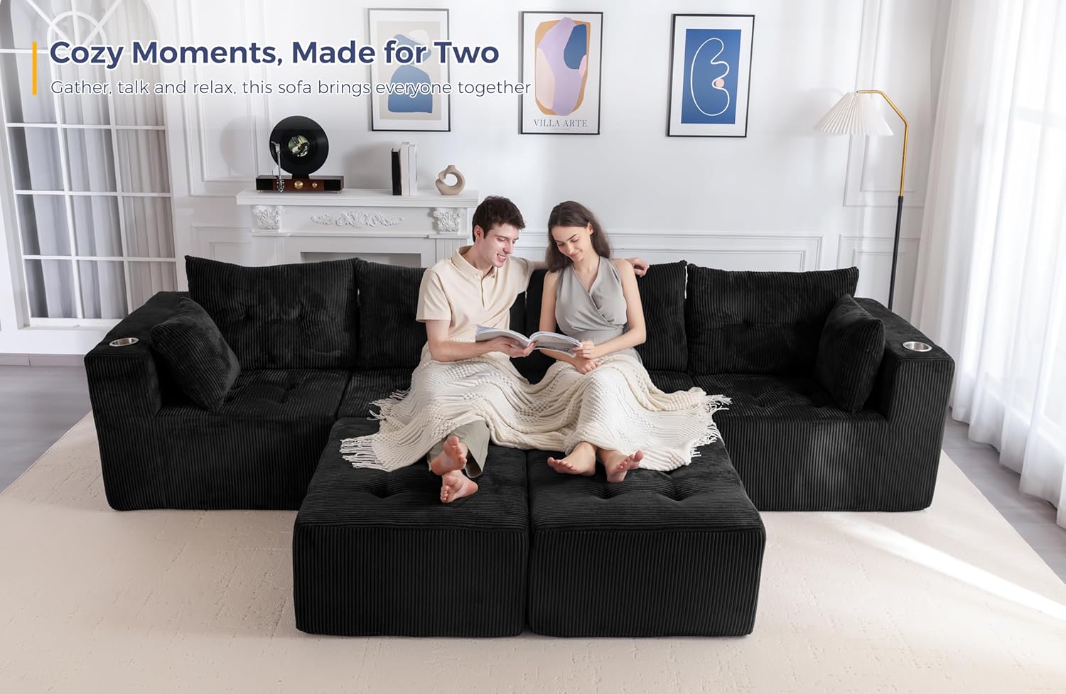 MAXYOYO 129.5" Modular Sectional Sofa Couch, U Shaped Modern Cloud Couch with 2 Ottomans, Sofa in A Box, Tufted 6-Seat Boneless Sleeper Chair for Living Room, No Assembly Required, Black