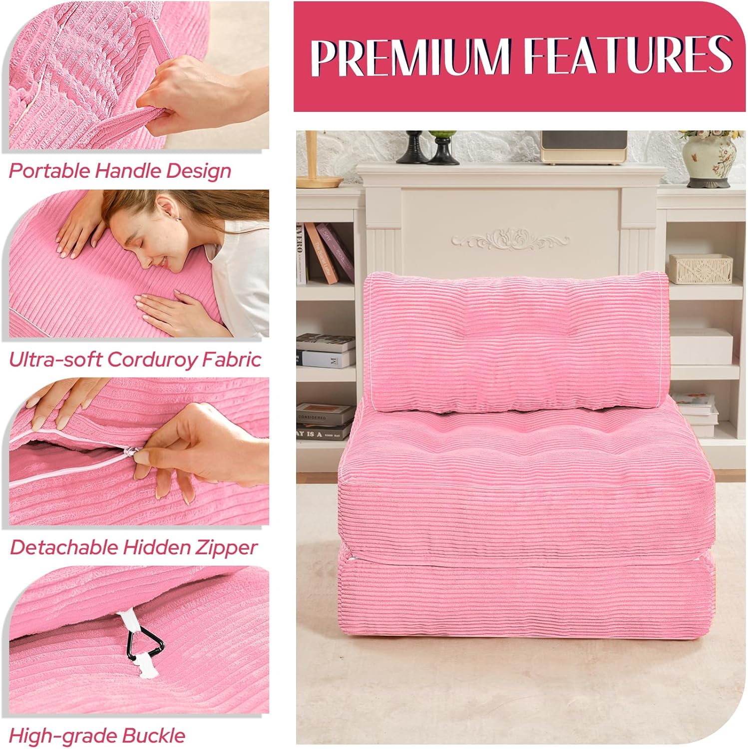 HABUTWAY Folding Sofa Bed, Convertible Sleeper Chair Bed w/Dual-Pillow & Handle, Foldable Floor Sofa Lounge w/Back Support for Living Room, Bedroom, Apartment, Office, Single, Pink