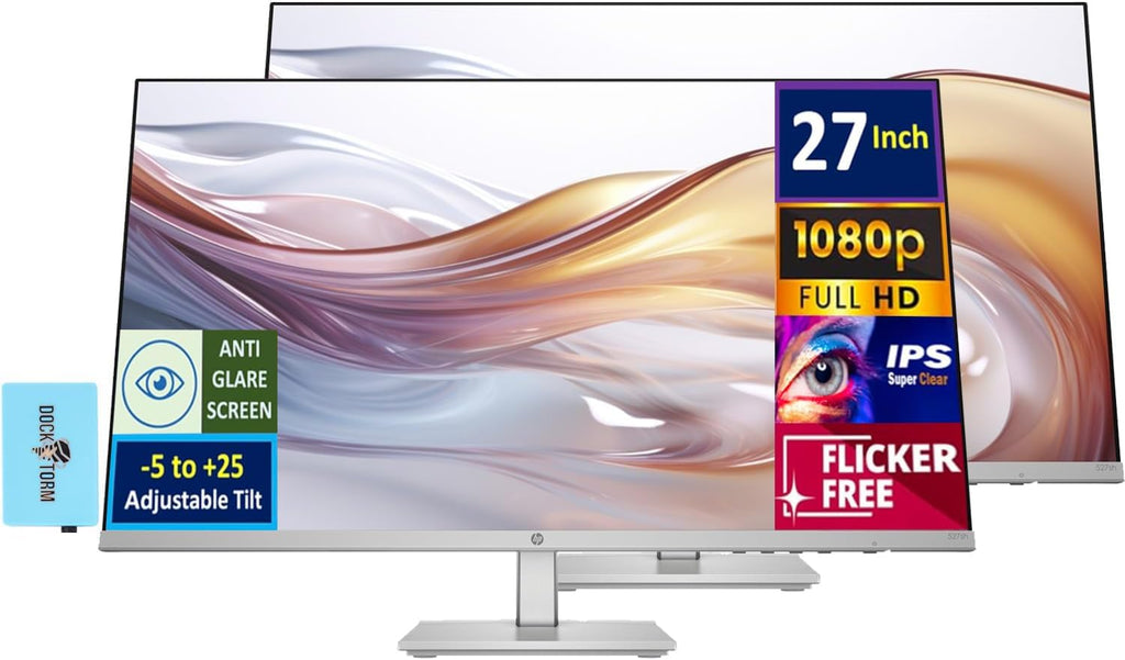 HP Series 5 527sh Monitor (Replaces M27h) 27" 100Hz IPS FHD (1920x1080) 99% sRGB Display  Adjustable Height & Tilt  Flicker Free  Anti-Glare  Black/Silver w/DKZ USB Port Expander (2 Pack)