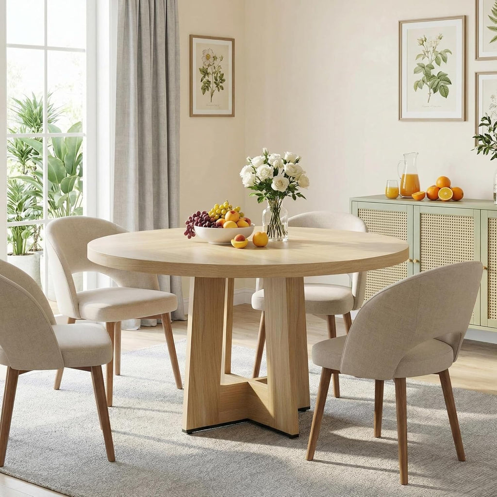 Garvee 47" Round Dining Table for 4-6 People - Circle Kitchen Dinner Table with Sturdy Pedestal Base, Space Saving Dinning Room Furniture for Living Room, Kitchen, Apartment, Natural