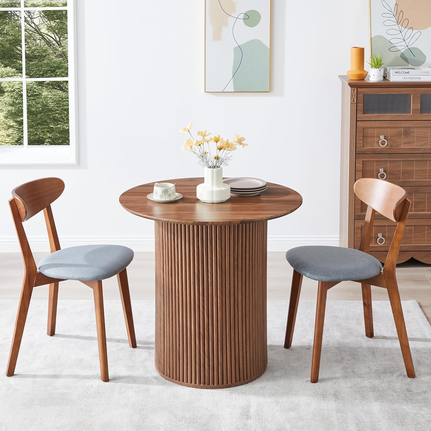 31.5" Small Round Dining Table for 2, Sturdy and Durable Wood Walnut Dining Table Round with Fluted Base, Simple Setup Small Kitchen Table for Living Dining Room Office (Walnut)