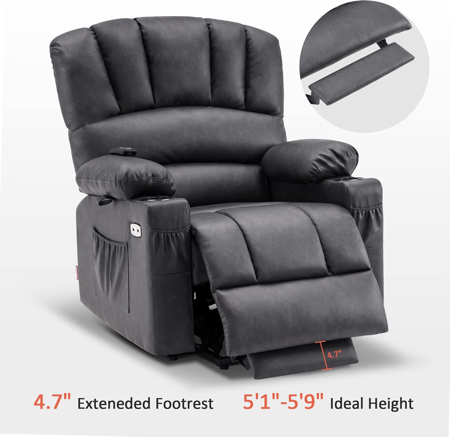 MCombo Power Lift Recliner Chair for Elderly, Lift Chair with Heat and Massage, USB &Type C Ports, Cup Holders, Faux Leather 7095 (Medium, Grey)