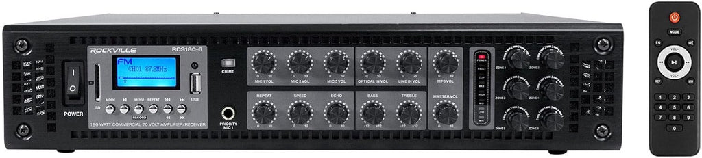 Rockville RCS180-6 180W 6-Zone 70v Commercial Amplifier  Bluetooth  USB/SD/RCA  Mic  Optical Inputs  FM  for Restaurants/Offices