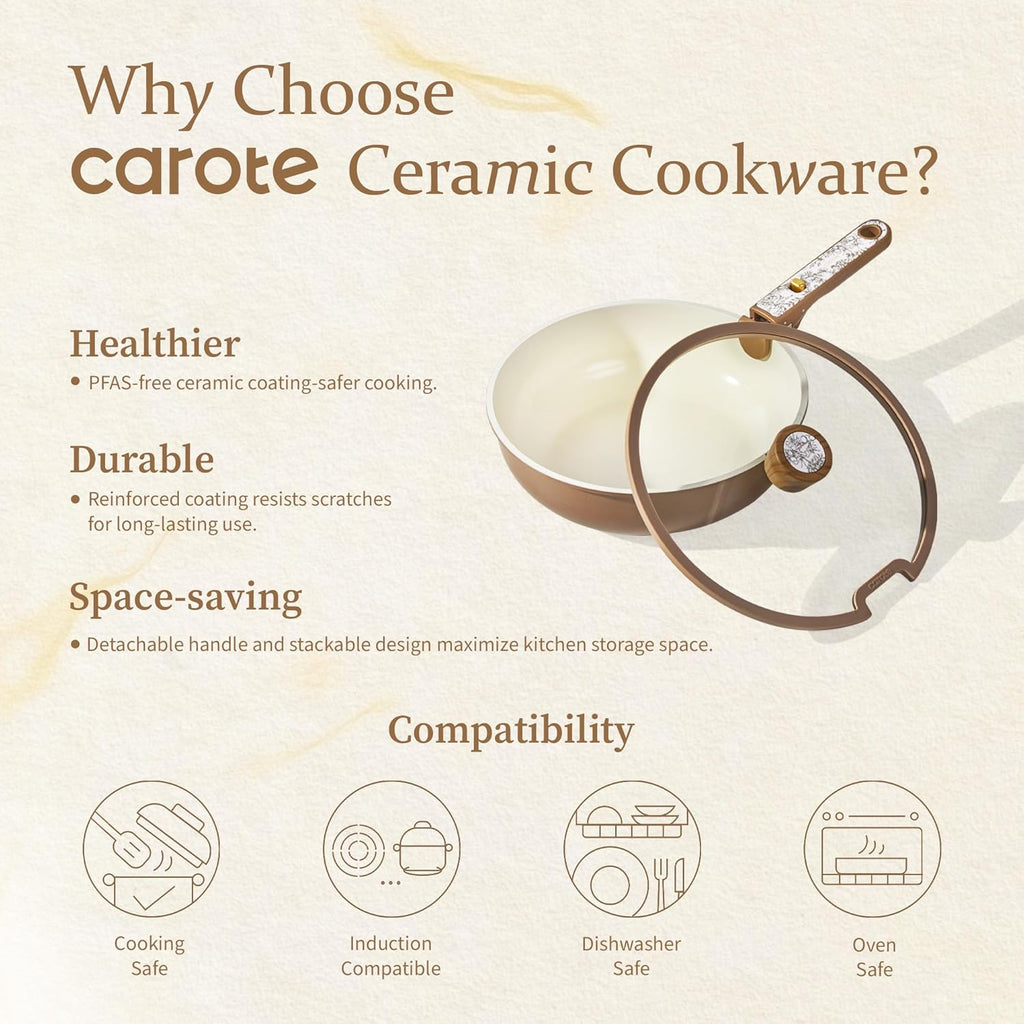 CAROTE 25-Piece Ceramic Cookware Set, Nonstick Pots and Pans Set with Detachable Handle, Non-Toxic Kitchen Cooking Set, Dishwasher & Oven Safe, Induction Compatible, PFAS Free, Chocolate