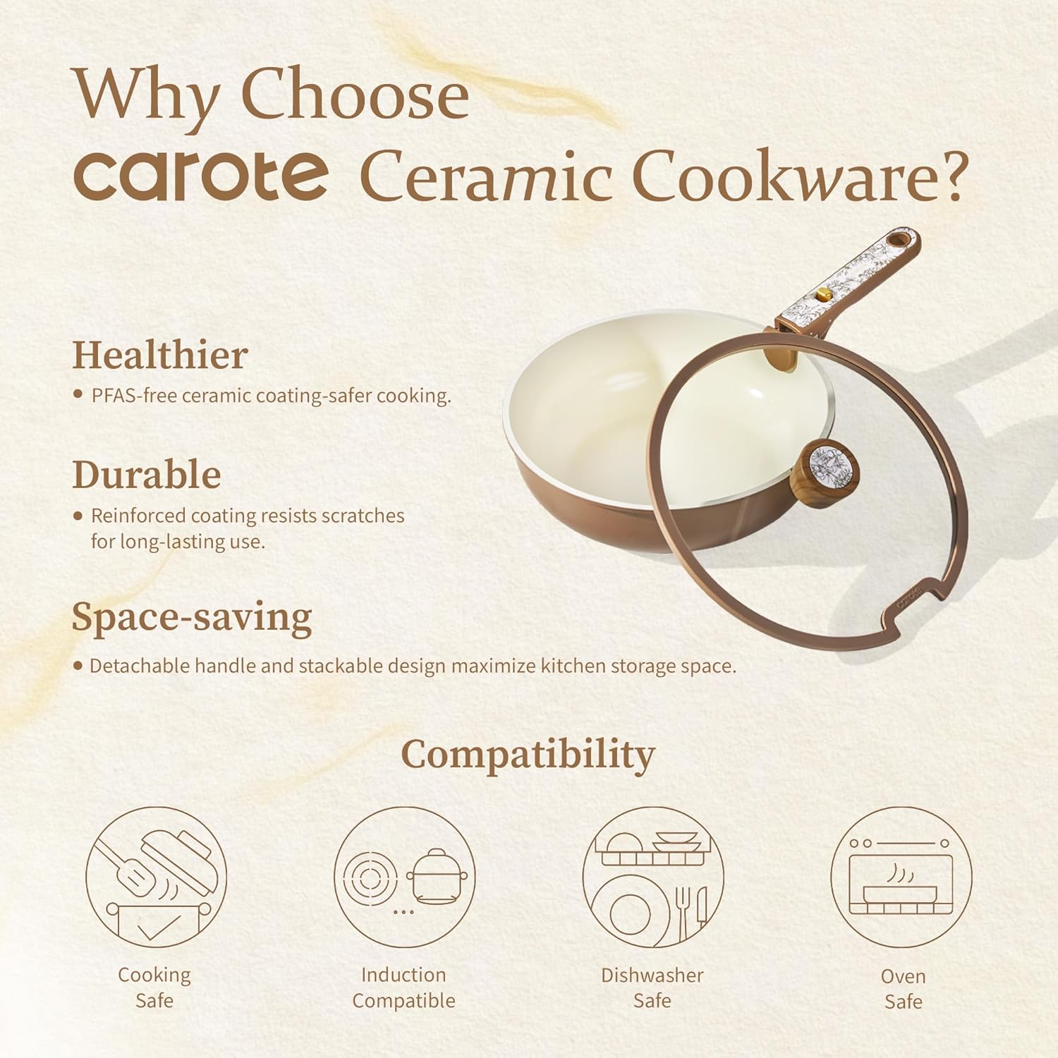CAROTE 25-Piece Ceramic Cookware Set, Nonstick Pots and Pans Set with Detachable Handle, Non-Toxic Kitchen Cooking Set, Dishwasher & Oven Safe, Induction Compatible, PFAS Free, Chocolate