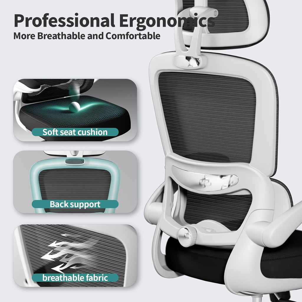 TRALT Office Chair Ergonomic Desk Chair, 330 LBS Home Mesh Office Desk Chairs with Wheels, Comfortable Gaming Chair, High Back Office Chair for Long Hours (Black & White)