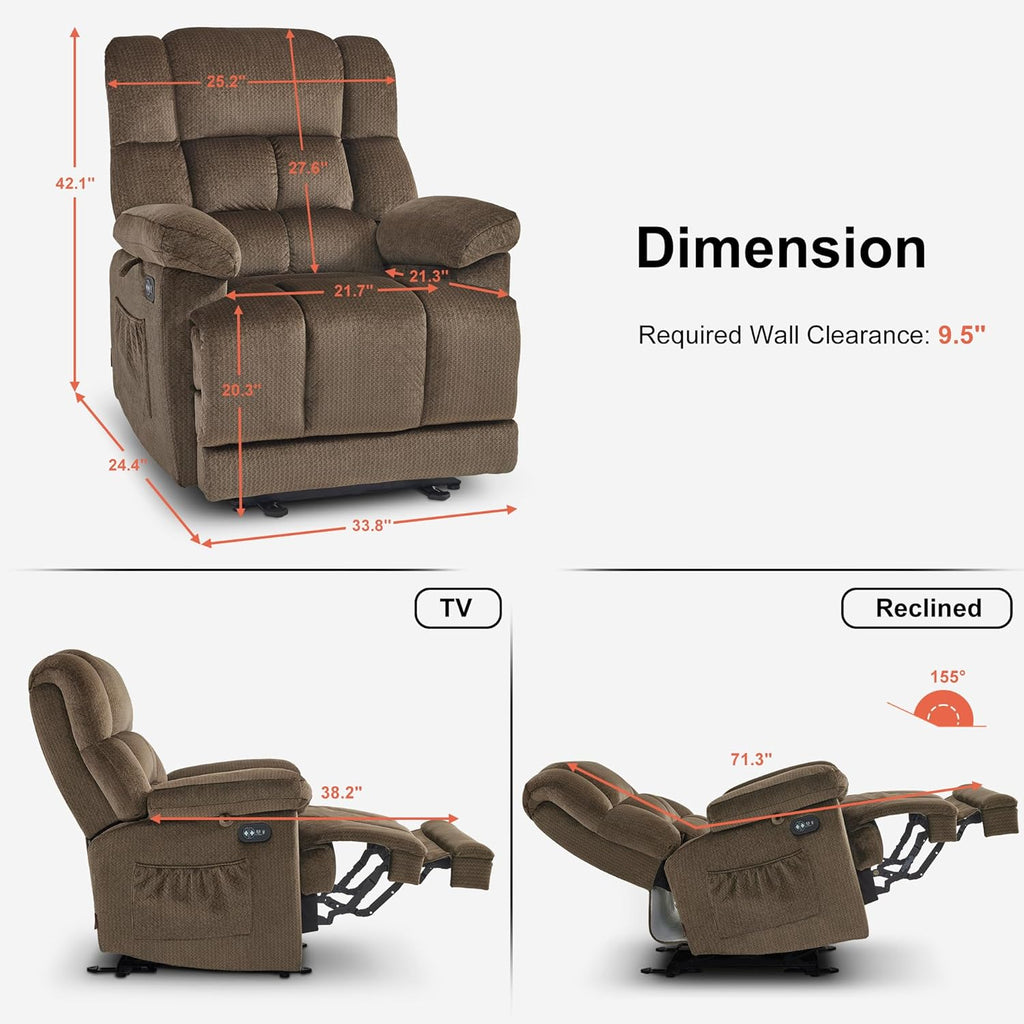 MCombo Zero Gravity Power Recliner Chair with Heat and Vibration Massage, Reclining Chair with USB Ports for Living Room, Fabric R6233 (Brown)