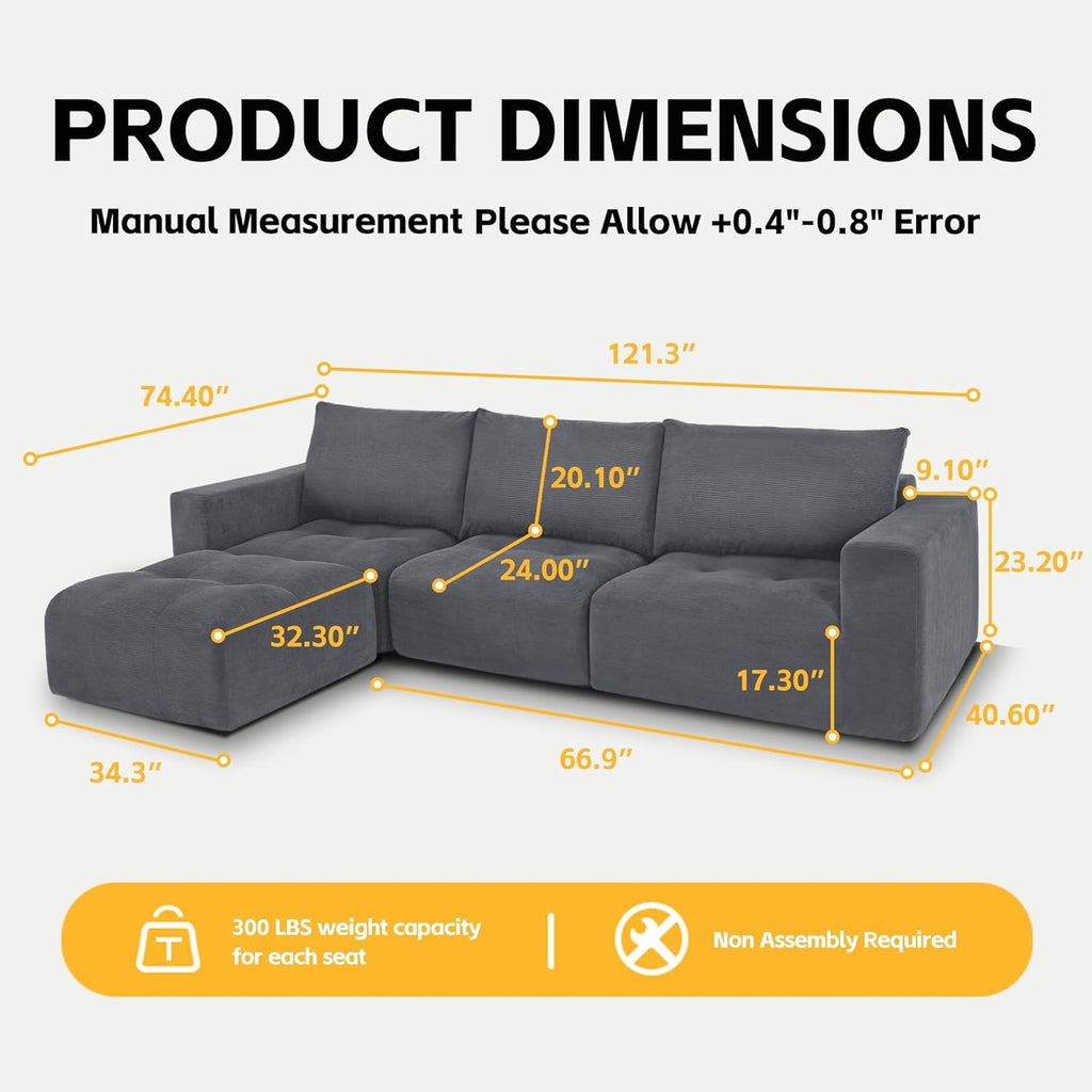 MCombo 121" Modular Sofa Couch, No Assembly Required, L Shaped Compressed Sectional Sofa with Ottoman, Deep Seat Upholstered Boneless Couch for Living Room, SS378 (Dark Grey)