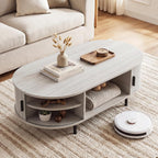 Giantex Oval Coffee Table, 47.5" Mid Century Modern Center Table with Sliding Tambour Doors, Hidden Storage & Open Compartment, Fluted Wood Living Room Tables for Small Spaces (Light Grey Oak)