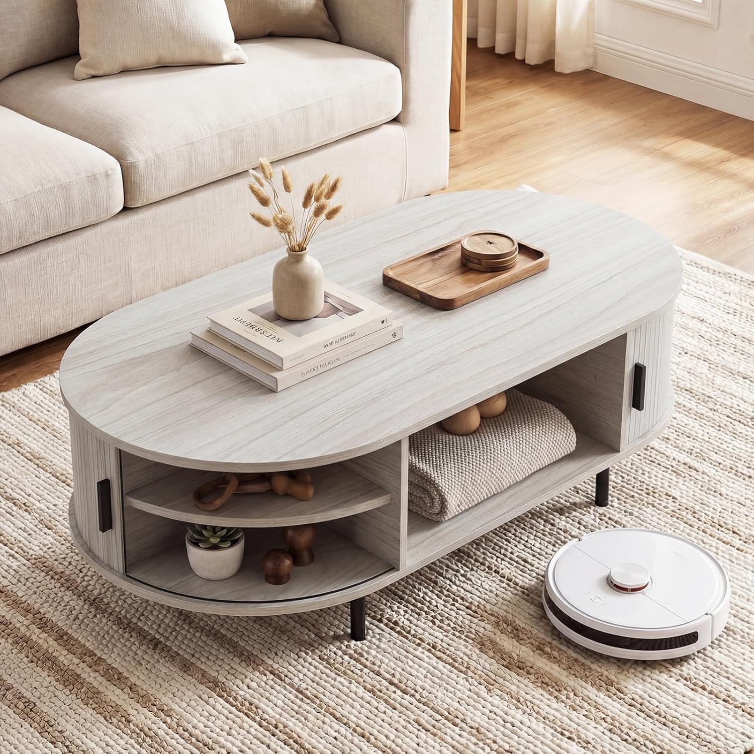 Giantex Oval Coffee Table, 47.5" Mid Century Modern Center Table with Sliding Tambour Doors, Hidden Storage & Open Compartment, Fluted Wood Living Room Tables for Small Spaces (Light Grey Oak)