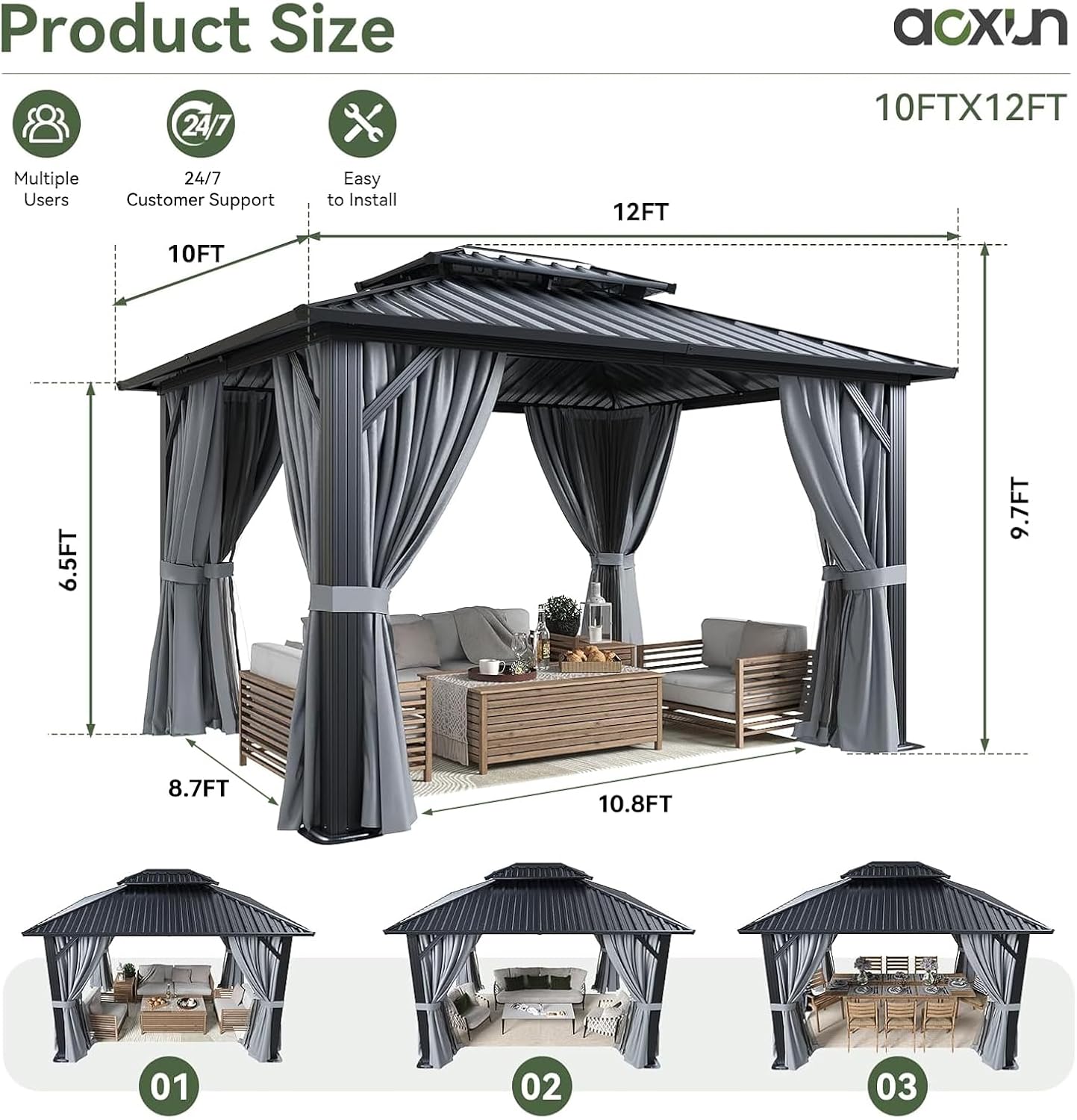 Aoxun 10x12 Gazebo Hardtop Gazebo with Double Galvanized Steel Roof Outdoor Pavilion with Breathable Netting and Privacy Curtain for Backyard (Gray)