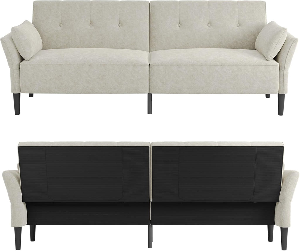 89” Futon Sofa Bed, Comfy Futon Couch Bed with 2 Square Pillows,Convertible Sleeper Sofa with Adjustable Backrest& Armrests, Modern Loveseat Sleeper for Living Room,Velvet Fabric White