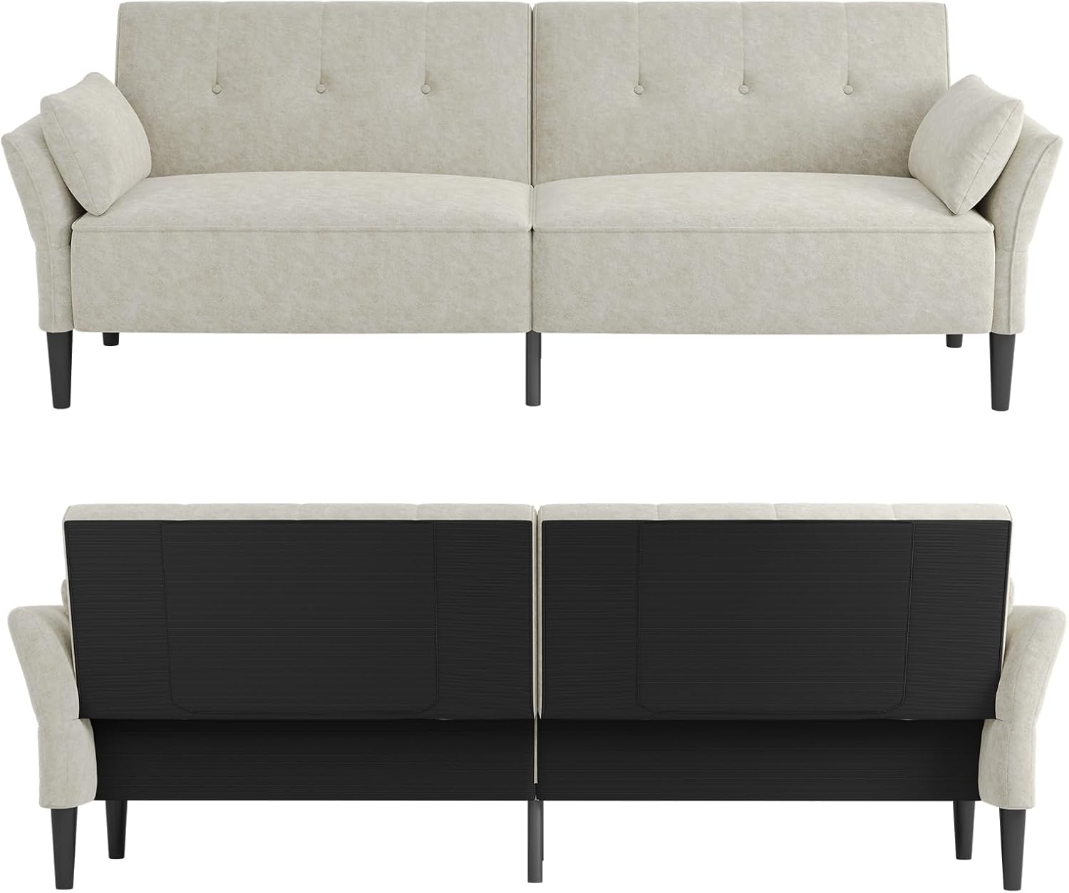 89” Futon Sofa Bed, Comfy Futon Couch Bed with 2 Square Pillows,Convertible Sleeper Sofa with Adjustable Backrest& Armrests, Modern Loveseat Sleeper for Living Room,Velvet Fabric White