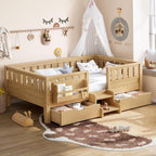 Bellemave Twin Size Bed with Slats and Stairs, Twin Size Platform Bed Frame with Fence, Bookshelf and Storage Drawers, Easy Assemble Beds for Girls, Boys, Light Natural