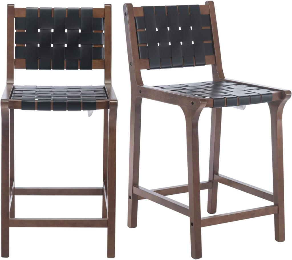 Counter Stools Set of 2 Modern 23.5" Counter Height Barstool with PU Leather Woven Strap Seat & Open Back Walnut Wood Color Chairs with Footrest for Home Bar/Dining Room/Kitchen Island, Black