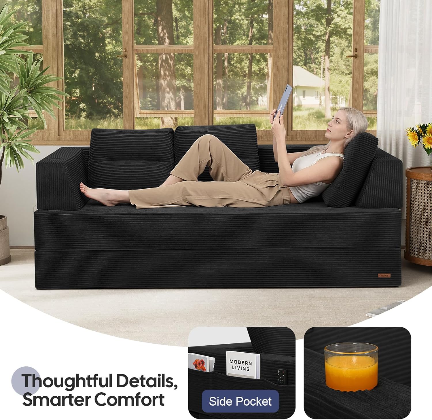COMAX Futon Sofa Bed Queen, 79" Convertible Sofa Bed Couches for Living Room, 4 in 1 Folding Boneless Sleeper Corduroy Couch Loveseat Foam In a Box, Comfy Foldable Lounge Fold Out Floor Mattress Black
