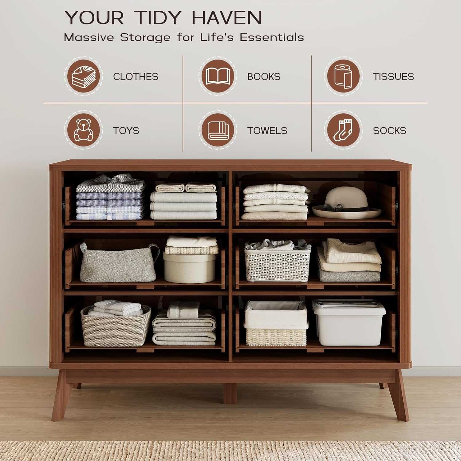 Fluted Dresser for Bedroom,49.6'' Modern Wooden Walnut Dresser with 6 Drawers, Bedroom Dressers, Natural Wood Chest of Drawers for Living Room, Hallway (Walnut)