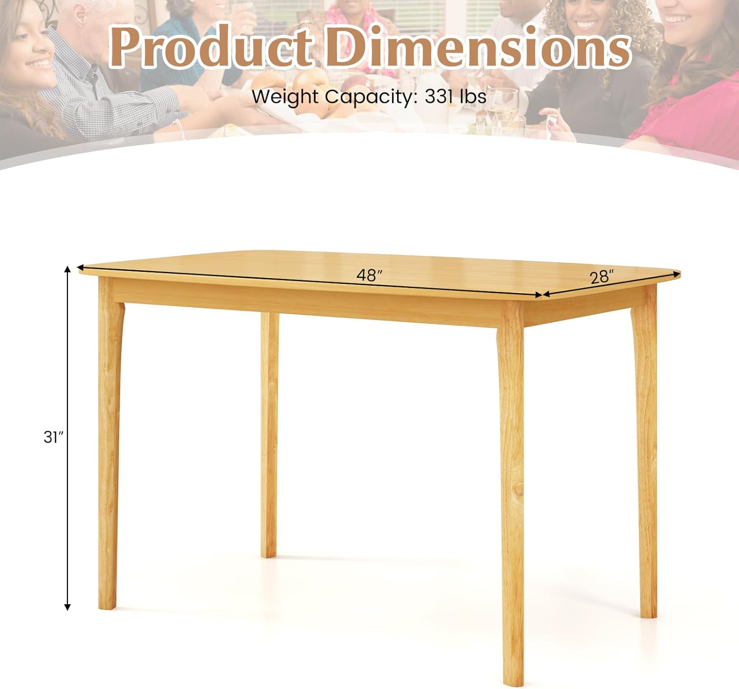 Giantex Dining Table for 4, 48" Rectangular Kitchen Table with Solid Rubber Wood Legs & Spacious Tabletop, Wooden Dinner Table for Living Dining Room, Dinette (Natural)