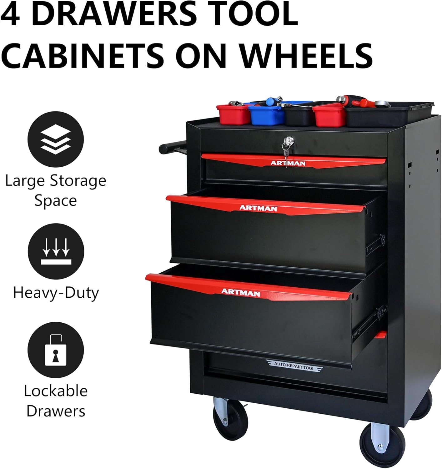 RYH 4/5/6/7 Drawers Rolling Tool Chest - Heavy Duty Mobile Tool Cart with Locking Wheels & Ball Bearing Drawers, 30.5" H x 20.9" W x13 D Garage Tool Storage Cabinet，Metal Tool Box (Black, 4 Drawers)