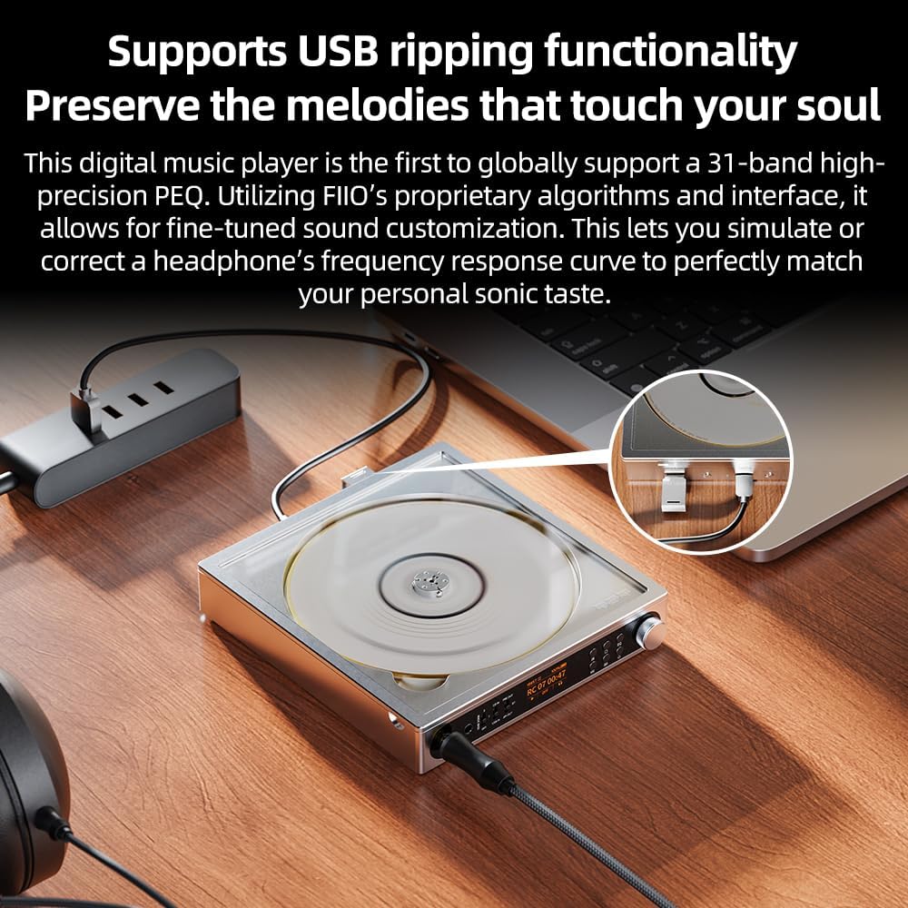 FiiO DM15 Portable Stereo CD Player with True 24Bit R2R DAC  1150mW+1150mW High-Power Output  aptX Adaptive Bluetooth Transmitter  24 Sound Presets  USB/CD HiFi Audio  HD Display (Black)