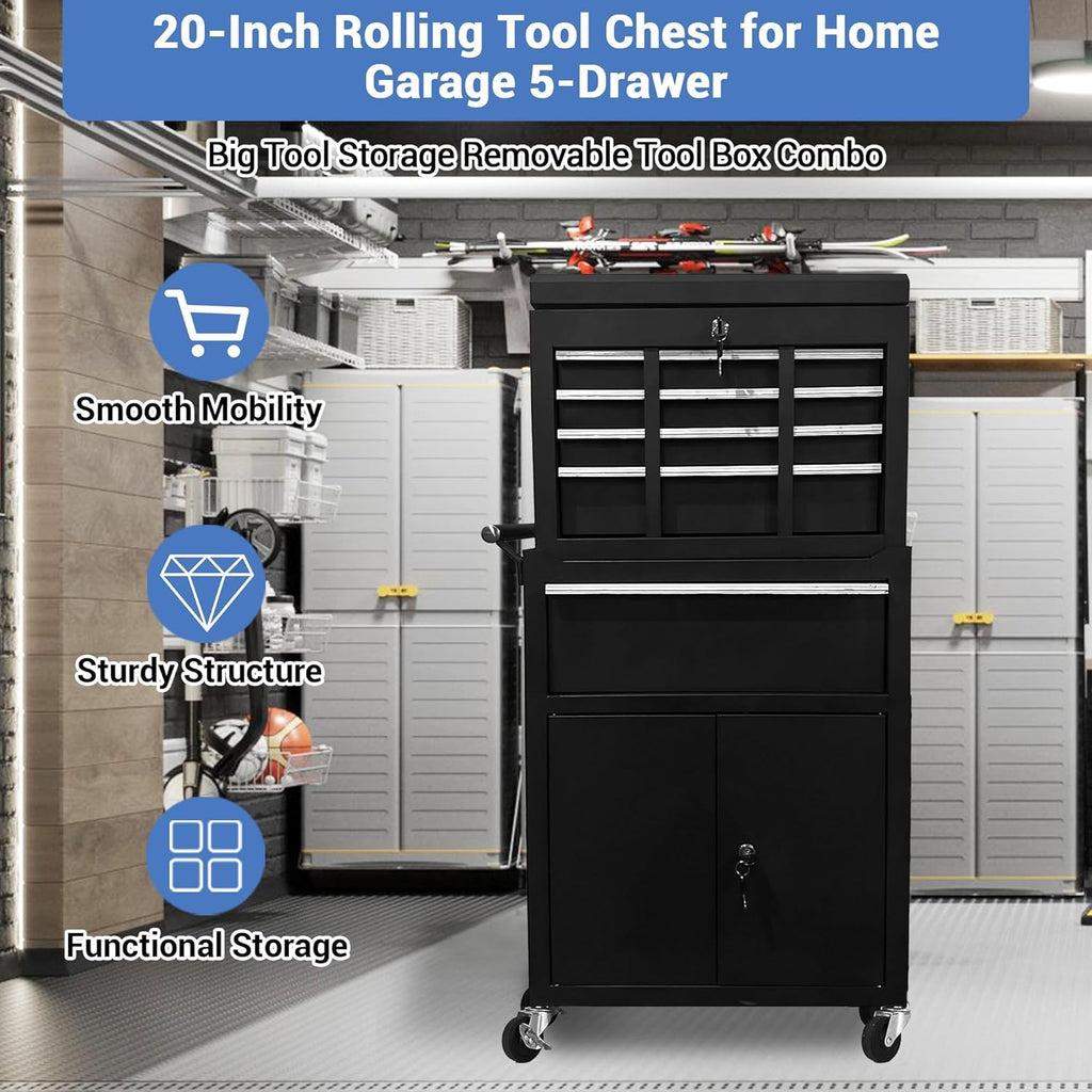5 Drawer Rolling Tool Chest with Wheels, 2-in-1 Detachable Tool Box and Cabinet, Lockable Metal Storage Organizer, Mobile Toolbox for Garage Workshop Home, Black&Red