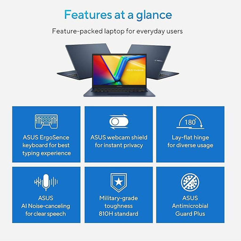 ASUS Vivobook Laptop  14" FHD Display  i3-1215U  16GB RAM  512GB SSD  Wi-Fi 6  HDMI  Webcam  Touchpad  Windows 11 Home  Blue