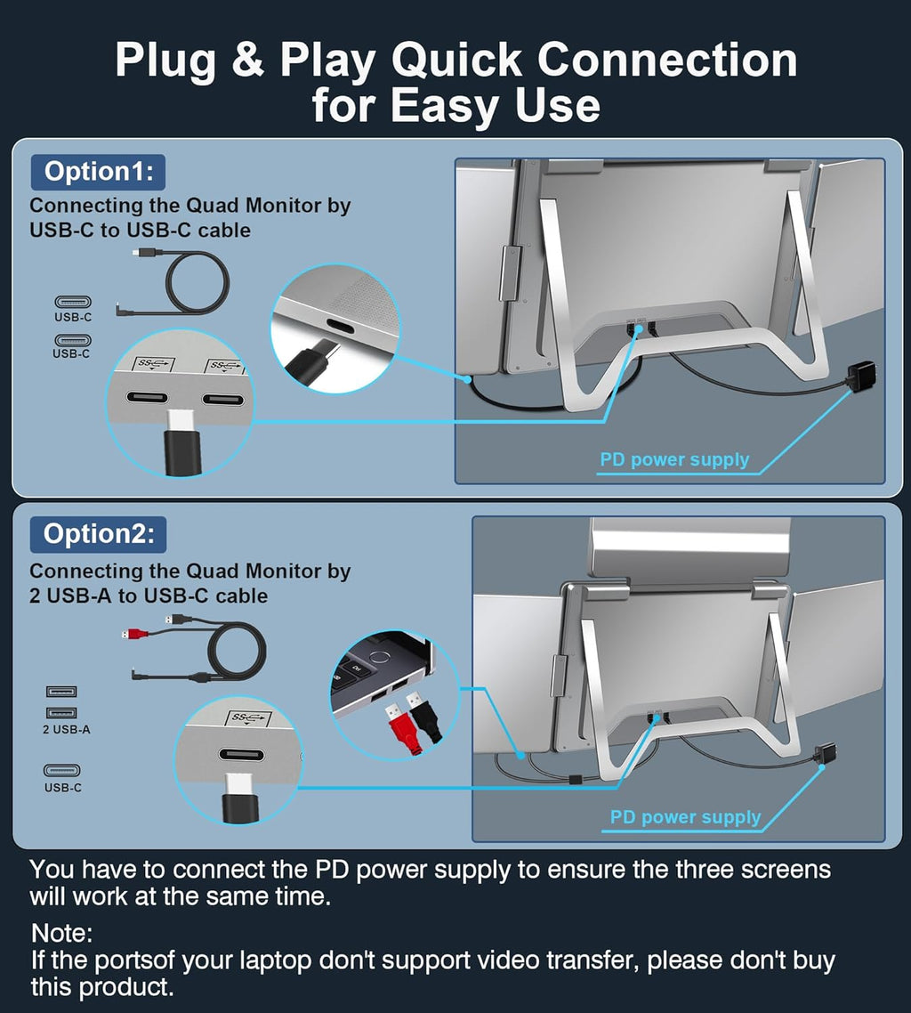 FOPO 15.6" Laptop Screen Extender Monitor Portable  Quad Monitor  Just 1 Cable for 3 Screens  FHD 1080P IPS Laptop Extender Compatible with Wins/Mac for 13.6" - 17.3" Laptops