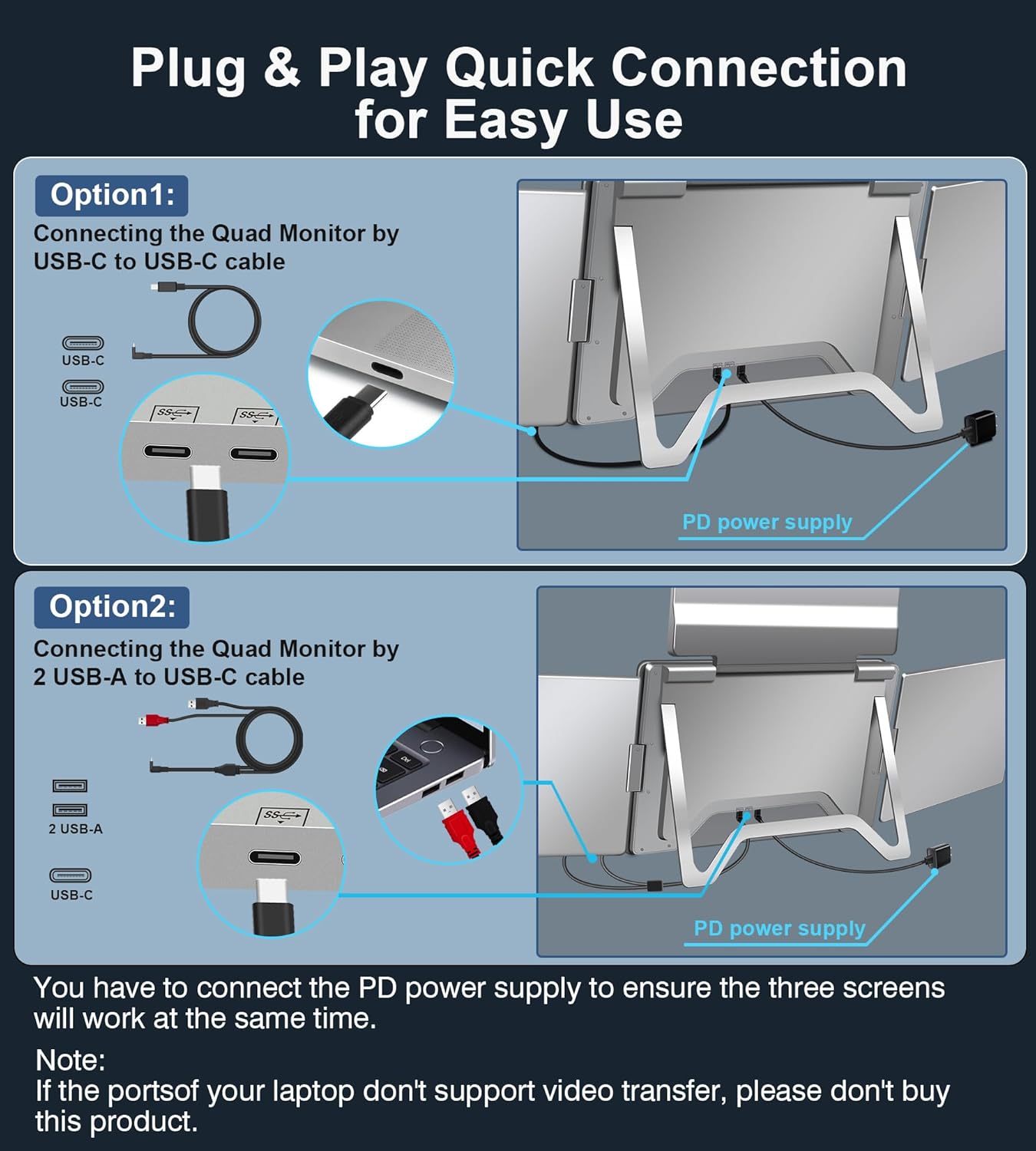 FOPO 15.6" Laptop Screen Extender Monitor Portable  Quad Monitor  Just 1 Cable for 3 Screens  FHD 1080P IPS Laptop Extender Compatible with Wins/Mac for 13.6" - 17.3" Laptops