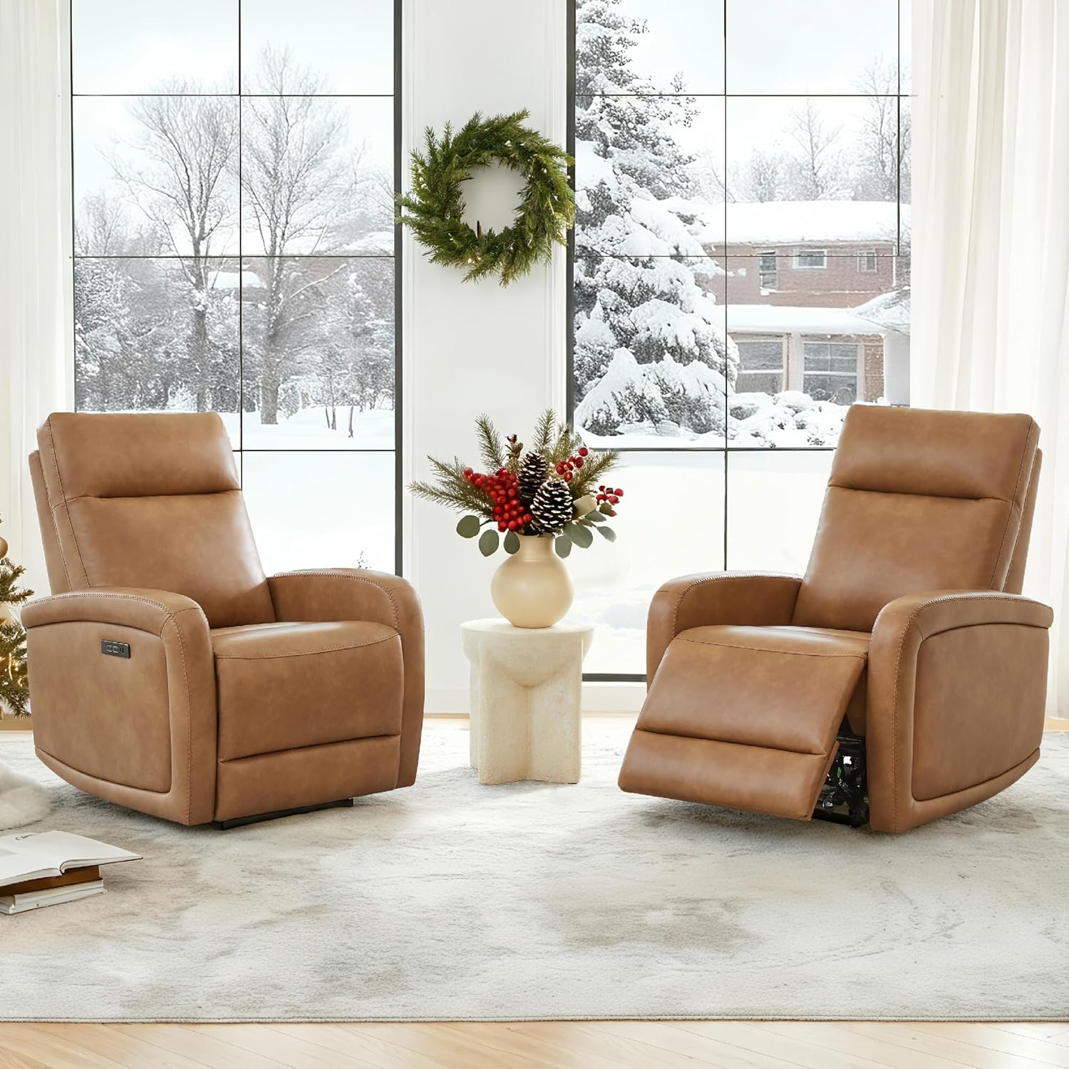Watson & Whitely Zero Wall Recliners W Power Headrest, Power Recliner Chairs for Adults, Small Home Theater Seating Type-C Charger for Living Room & RV, Faux Leather Cognac Brown